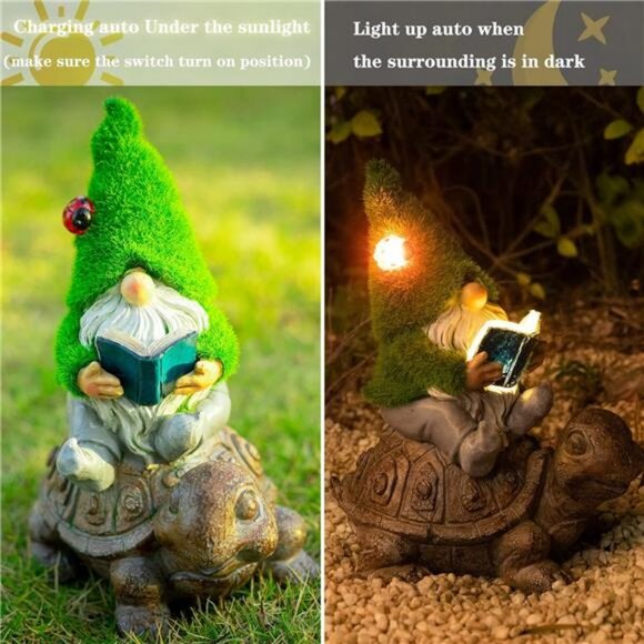 Garden Gnome Sitting on Turtle Outdoor Statues and Sculpture with Solar Lights - Picture 3 of 7